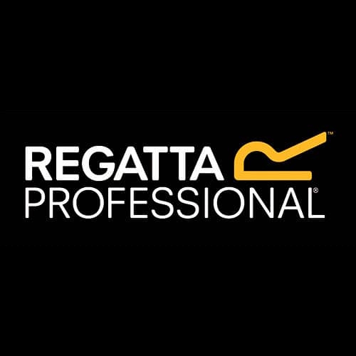 Textil Zulieferer zur Textilveredelung Logo von Regatta Professional mit gelbem Schriftzug auf schwarzem Hintergrund.